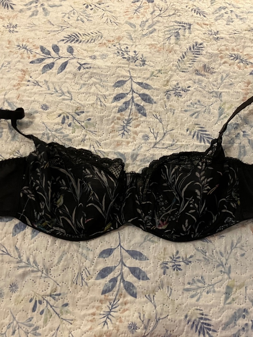 Panache Jasmine balconette lace cup bra black bird print 32G UK